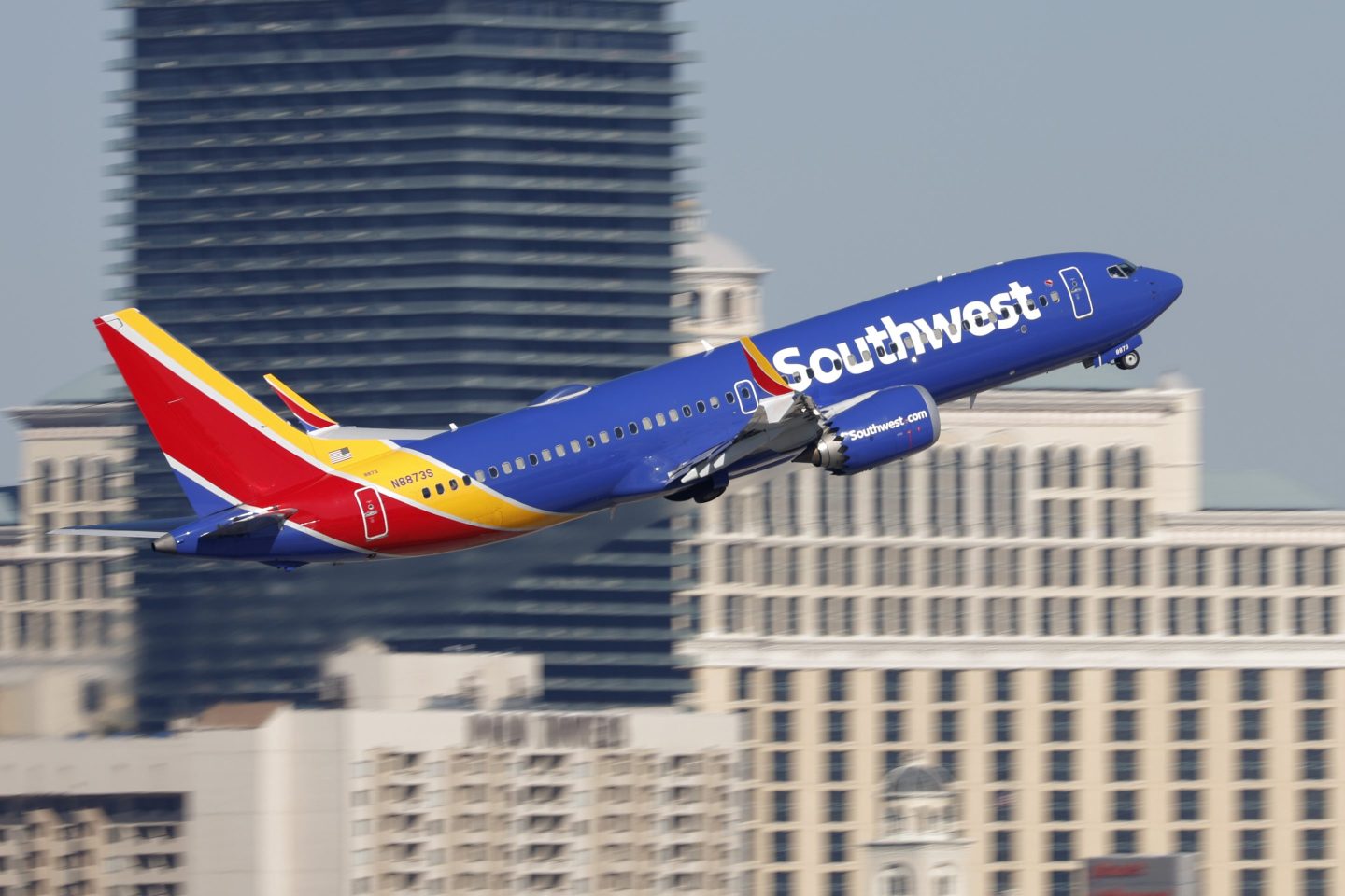 LAS VEGAS, NEVADA - MARCH 15: A Southwest Airlines Boeing 737 MAX 8 departs from Harry Reid International Airport with hotels on the Las Vegas Strip in the background on March 15, 2025 in Las Vegas, Nevada. (Photo by Kevin Carter/Getty Images)